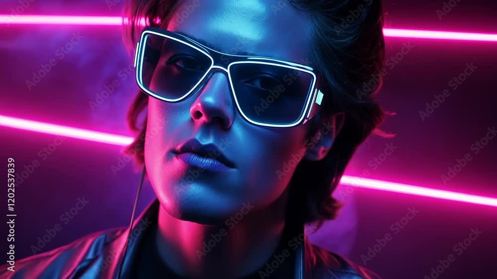 A close-up of a man in glowing neon glasses and a leather jacket, bathed in pink and blue cyberpunk lighting. A futuristic, stylish look. A close-up of a man in glowing neon glasses and a leather jacket, bathed in pink and blue cyberpunk lighting. A futuristic, stylish look.