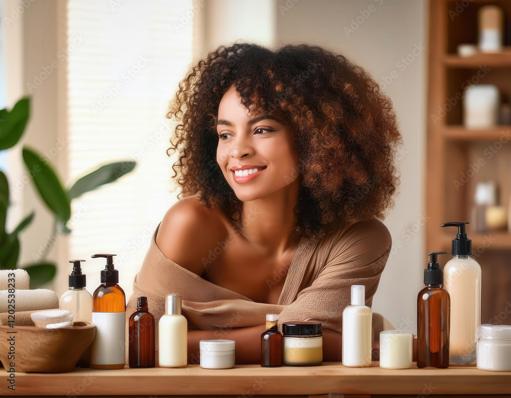 Smiling African American woman with natural skincare products at home Smiling African American woman with natural skincare products at home