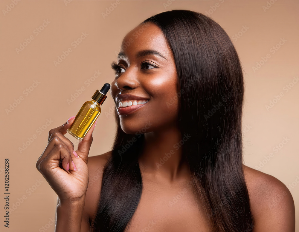 Dark skinned woman holding a golden facial serum bottle Dark skinned woman holding a golden facial serum bottle