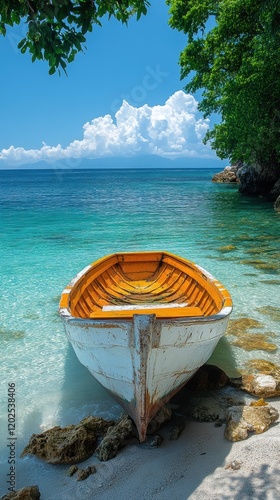 A picturesque boat anchored on a serene tropical beach with turquoise waters and a vibrant sky, surrounded by lush green trees and the tranquil ocean in the background