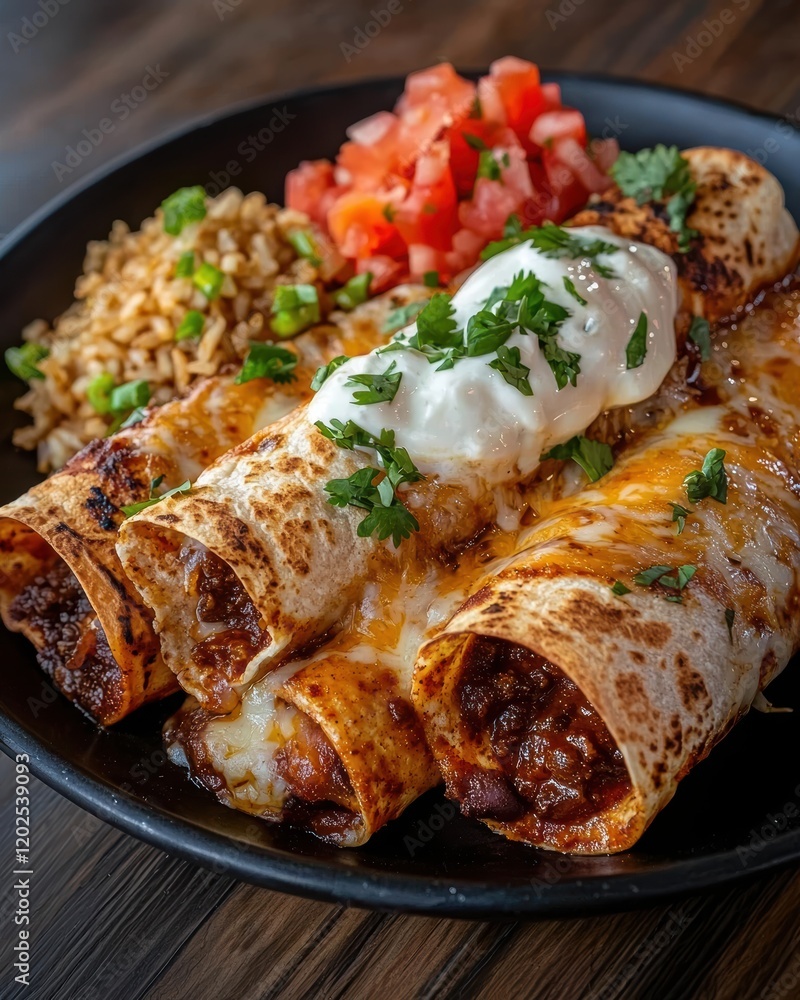 Close-up of delicious beef enchiladas with cheese, sour cream, and cilantro, served with rice and pico de gallo. Close-up of delicious beef enchiladas with cheese, sour cream, and cilantro, served with rice and pico de gallo.