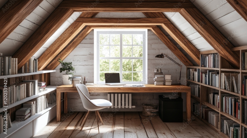 Cozy Office Space with Wooden Beams and Bookshelves in Attic Cozy Office Space with Wooden Beams and Bookshelves in Attic