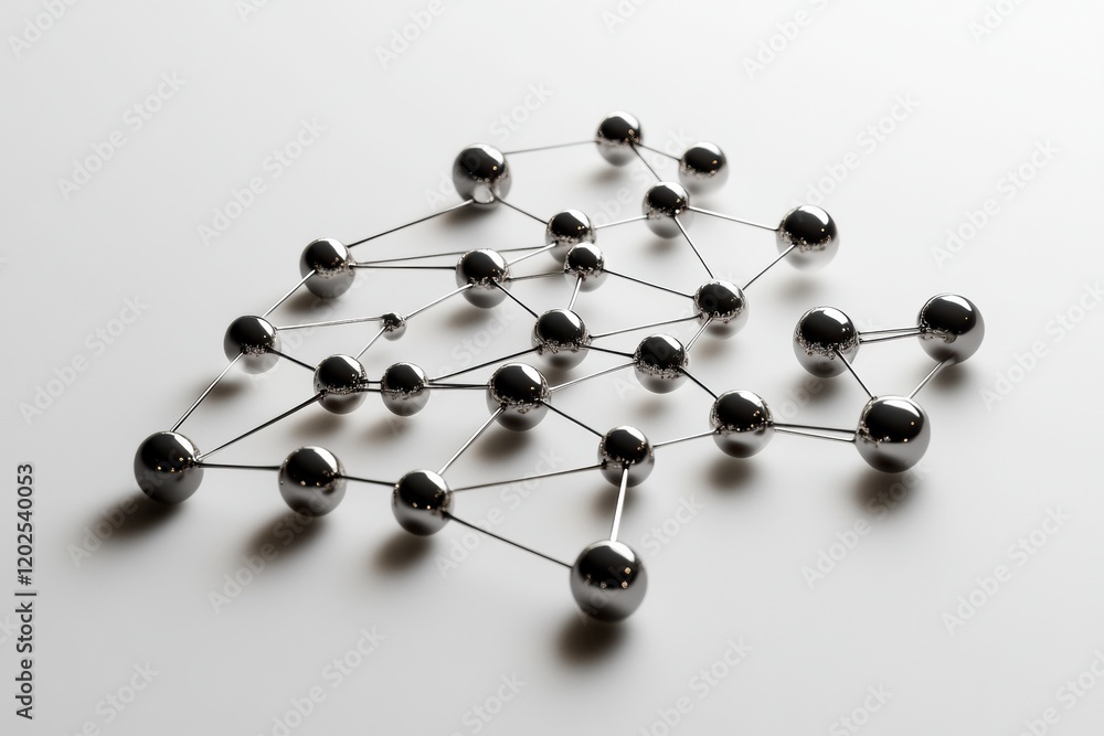 Obraz premium Metallic spheres and rods arranged to form a molecular structure on a plain white background. Generative AI
