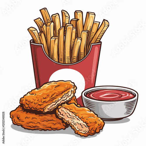 Cartoon Chicken Nuggets and Fries with Dipping Sauce