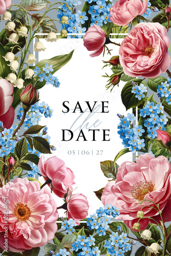 Vintage vector illustration with garden flowers on a changeable background. Floral design template for wedding invitation, greeting card, notebook cover, flyer or banner.