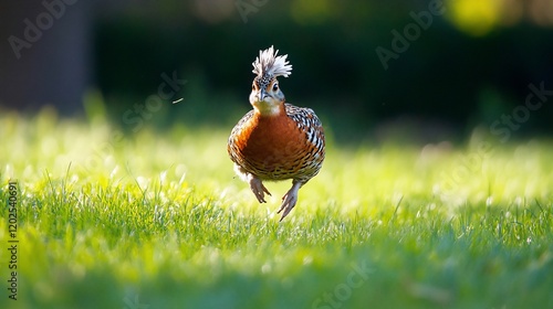 Running Painted Buttonquail in a field with green grass during the day photo