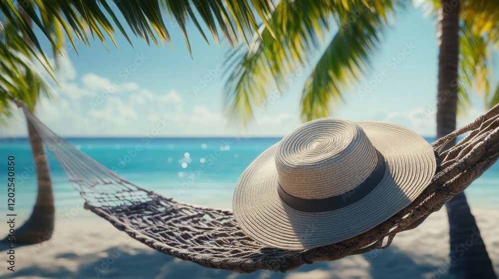 Obraz premium Tropical beach scene with straw hat and hammock