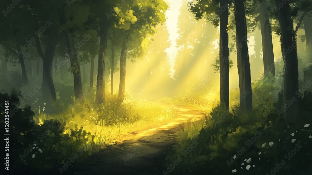 Obraz premium Sunlight Through the Forest Path, Painting a Golden Glow on a Serene Trail