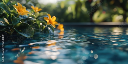 A vibrant scene captures yellow flowers blooming near a shimmering water body, highlighting the serene beauty of nature and tranquility.