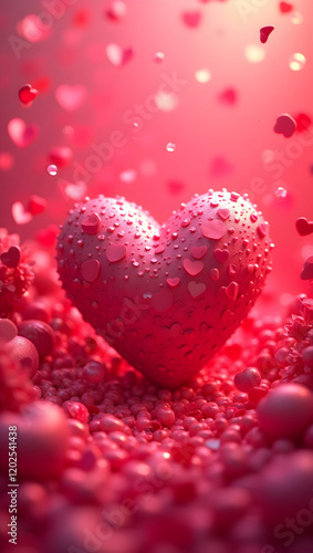 Pink heart among small pink bead. Valentines day design. Love and romantic 3d illustration. Background for a smartphone.