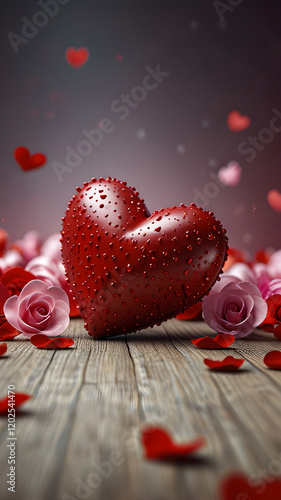 Red heart on wooden surface. Valentines day design. Love and romantic 3d illustration. Background for a smartphone