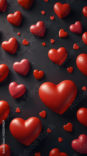 Red hearts on a black surface. Valentines day design. Love and romantic 3d illustration. Background for a smartphone