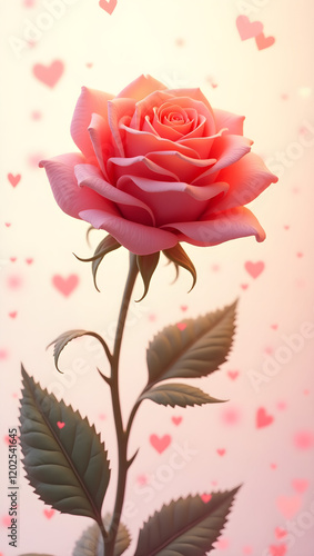 Pink rose and small hearts. Valentines day design. Love and romantic 3d illustration