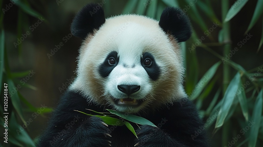 Obraz premium Cute panda eating bamboo in lush forest (1)