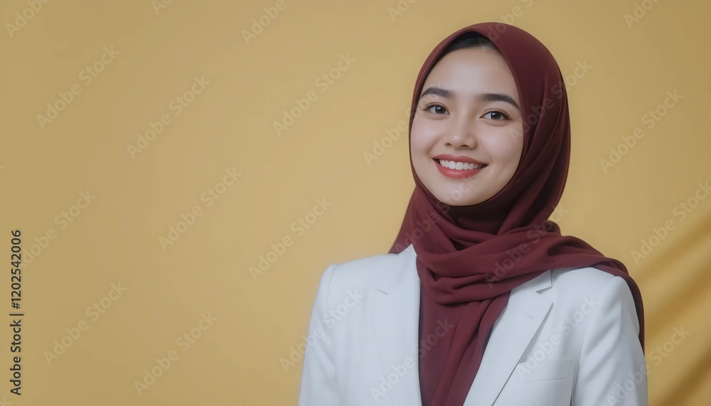Fototapeta premium Portrait of Young Woman in Professional Clothes Wearing Hijab with Warm Smile on Light Blue Background