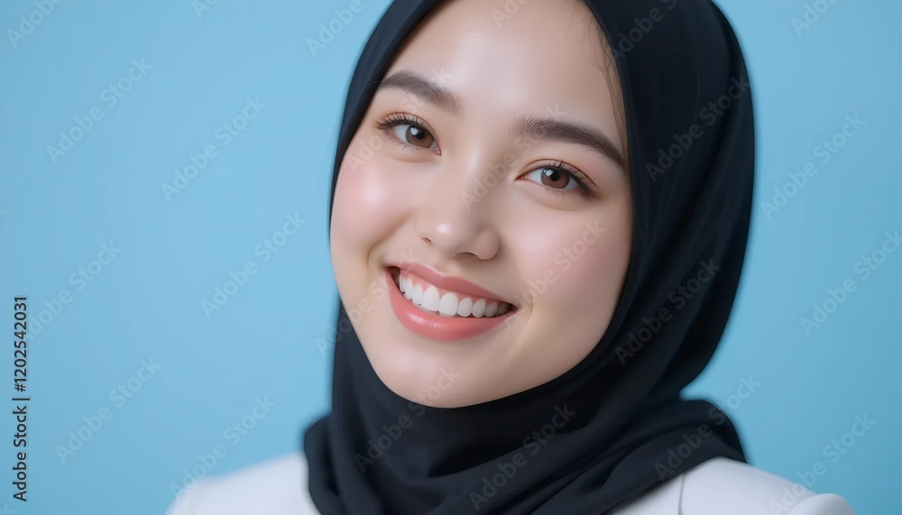 Portrait of Young Woman in Professional Clothes Wearing Hijab with Warm Smile on Light Blue Background