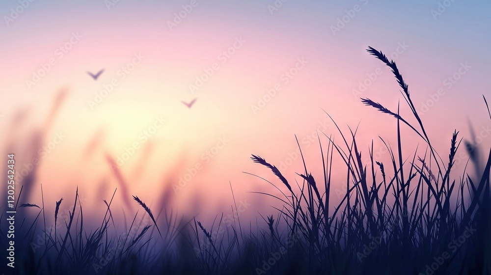A field of tall grass with a bird soaring above it and the sun sinking behind distant mountains in the backdrop A field of tall grass with a bird soaring above it and the sun sinking behind distant mountains in the backdrop