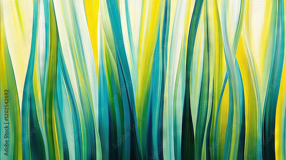 Obraz premium A close-up of a green and yellow grass painting with blue stripes at the base