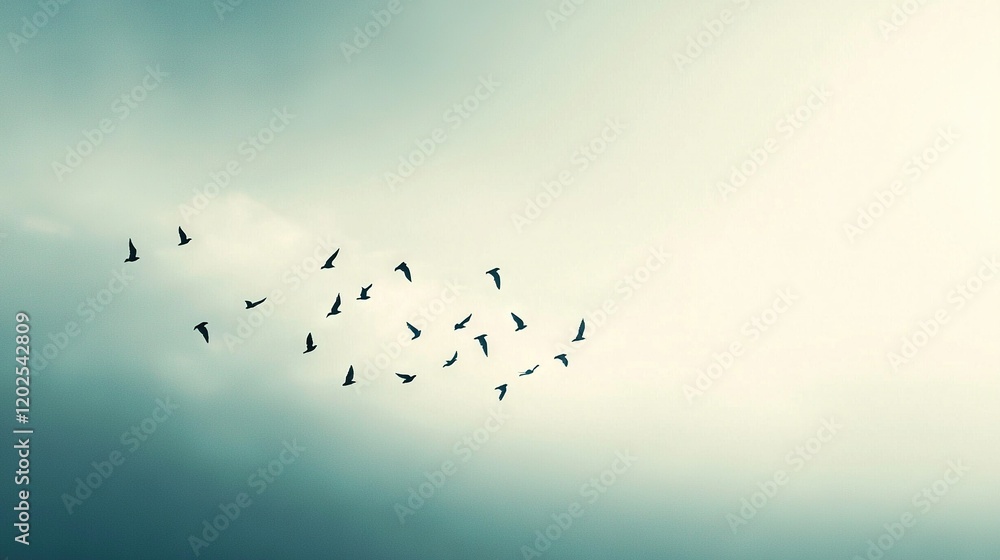 Obraz premium A group of birds soaring above the sky against a blue backdrop with cloudy scenery before them
