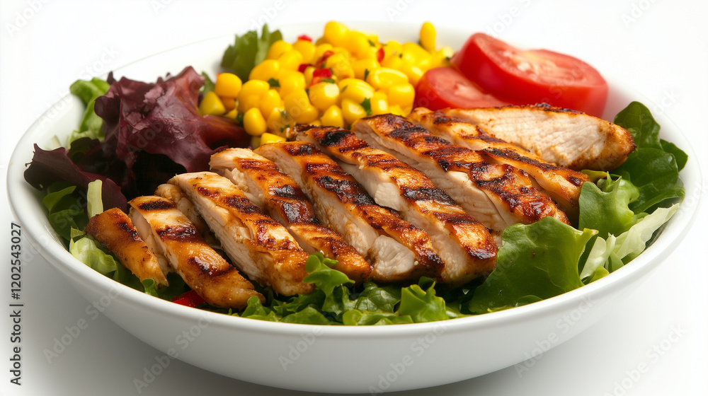 A fast food salad bowl with fresh greens, grilled chicken, and colorful toppings, arranged cleanly on a white surface A fast food salad bowl with fresh greens, grilled chicken, and colorful toppings, arranged cleanly on a white surface