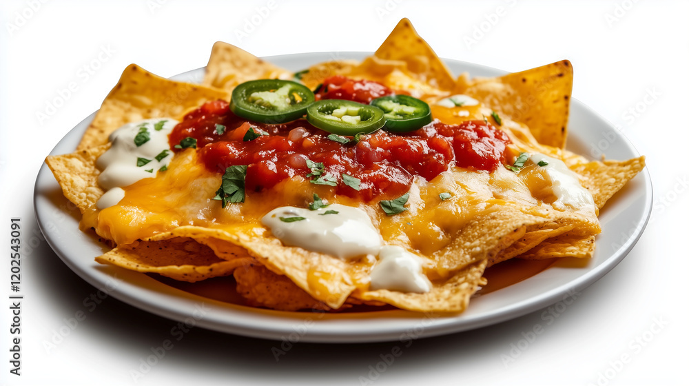 A plate of crispy nachos topped with melted cheese, jalapeños, and salsa, styled on a simple white background A plate of crispy nachos topped with melted cheese, jalapeños, and salsa, styled on a simple white background