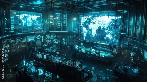 Futuristic, high-tech surveillance center with numerous computer screens displaying global maps and data.  Interior design features dark, teal accents and advanced technology. photo