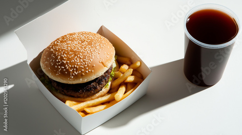 A plain white background featuring a kidâs meal box with a small burger, fries, and juice, styled with minimal props photo