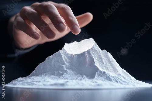 Hand hovering over a miniature mountain made of white powder, conceptual image. photo