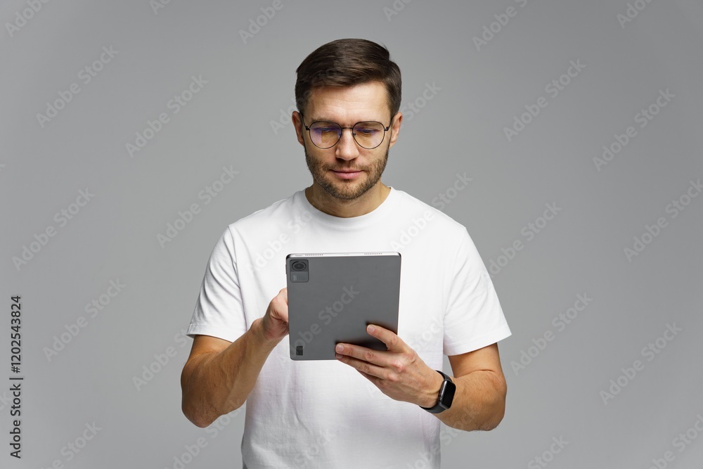Young man using tablet indoors to browse or work in a minimalist environment Young man using tablet indoors to browse or work in a minimalist environment