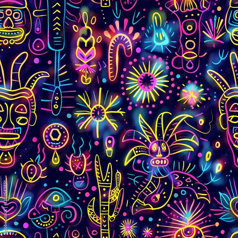 Vibrant neon tribal pattern with mystical masks, abstract symbols and fluorescent elements on dark background. Seamless design perfect for fabric, wallpaper and modern ethnic decor. Vibrant neon tribal pattern with mystical masks, abstract symbols and fluorescent elements on dark background. Seamless design perfect for fabric, wallpaper and modern ethnic decor.