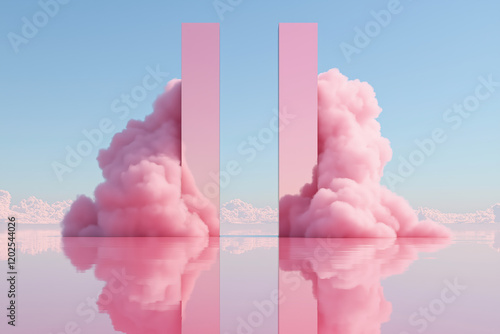 Surreal pink cloudscape with reflective water and two pink pillars