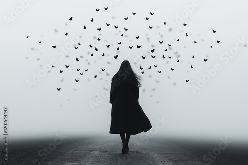 Woman in Black Coat Surrounded by Butterflies in Foggy Landscape