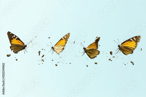 Four butterflies in flight, leaving trails of dirt behind them against a light blue background photo