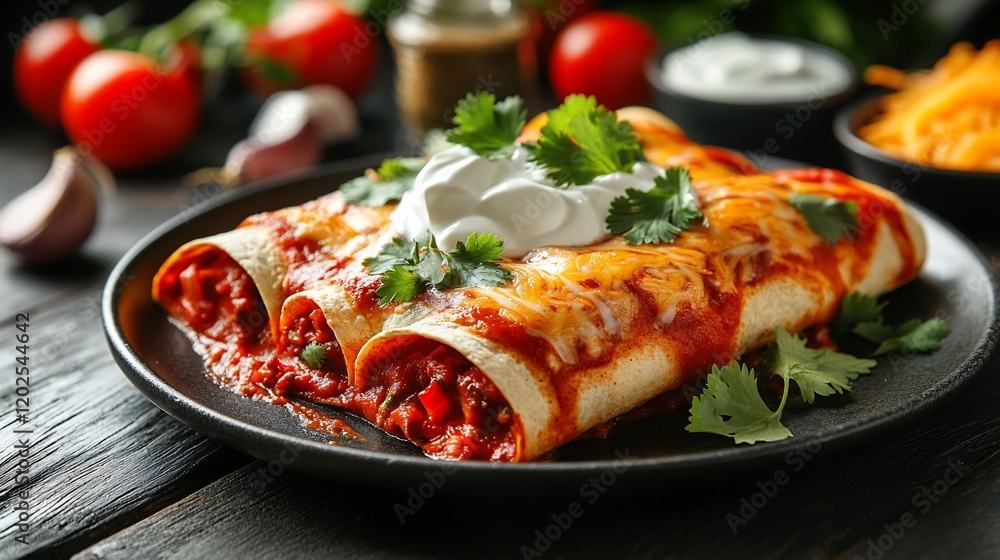 Delicious enchiladas, Mexican food, dark wood table, garnished with sour cream and cilantro. Use food blog, recipe site Delicious enchiladas, Mexican food, dark wood table, garnished with sour cream and cilantro. Use food blog, recipe site
