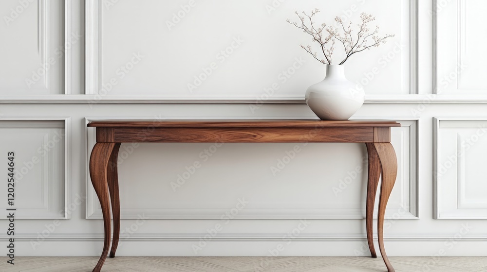 Elegant Empty Desk Against a White Wall with Decorative Elements Elegant Empty Desk Against a White Wall with Decorative Elements