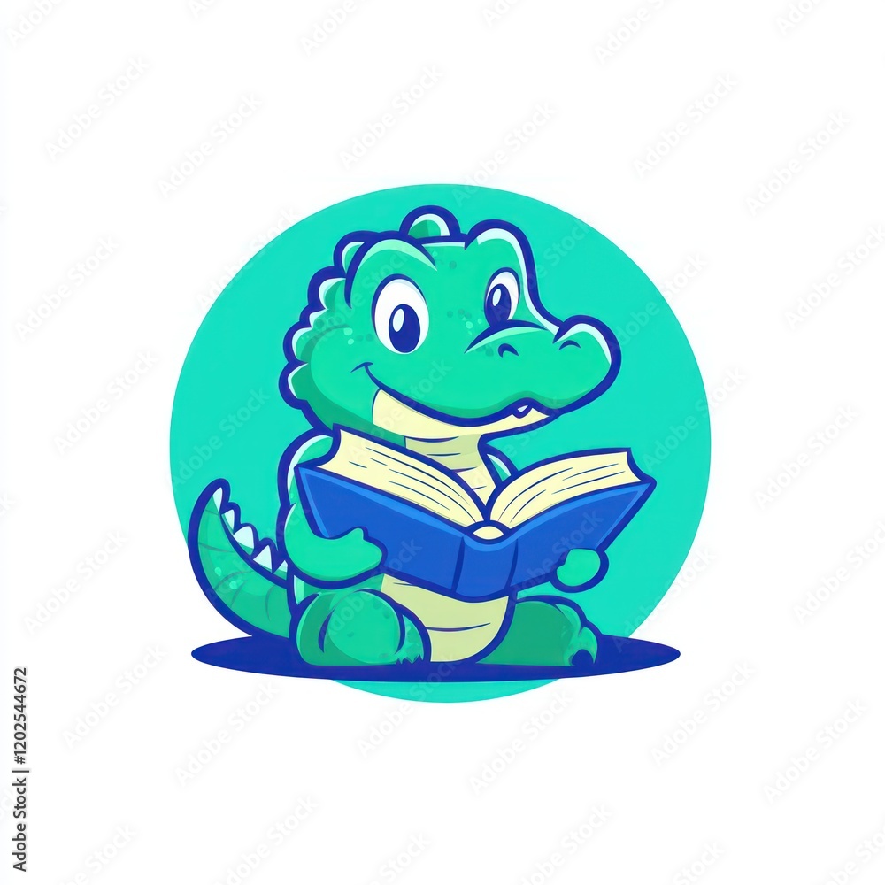 Green cartoon alligator reading a book in a circle; illustration for kids' educational use Green cartoon alligator reading a book in a circle; illustration for kids' educational use