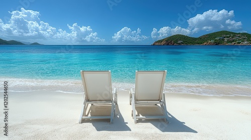 A picturesque tropical beach scene with two empty lounge chairs facing the crystal clear blue ocean under a bright, sunny sky with fluffy white clouds.