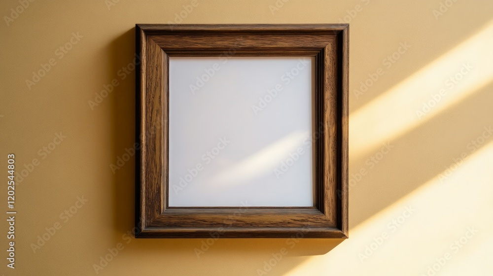 Empty Wooden Frame on Beige Wall with Soft Light Reflection Empty Wooden Frame on Beige Wall with Soft Light Reflection