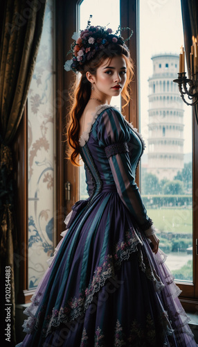 Historical Reconstruction: Aristocratic Girl in Victorian Dress with a View of Pisa photo