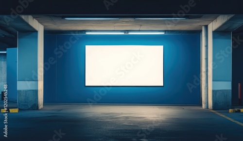 Blank billboard in dimly lit underground parking garage.