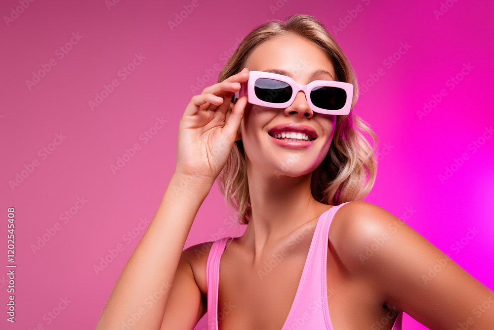 Photo of pretty young girl model touching sunglass enjoying pool party wear bodysuit isolated on pink color background Photo of pretty young girl model touching sunglass enjoying pool party wear bodysuit isolated on pink color background