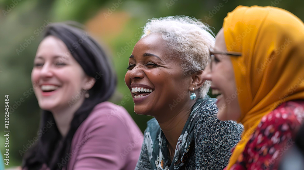 Fototapeta premium Diverse group of women laughing together outdoors 