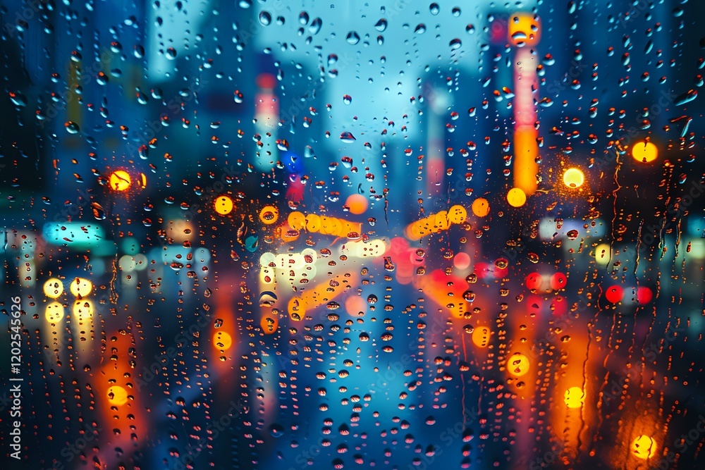 Blurred city lights and bokeh through wet glass with raindrops during evening rush hour, creating atmospheric urban mood perfect for background designs and emotional storytelling. Blurred city lights and bokeh through wet glass with raindrops during evening rush hour, creating atmospheric urban mood perfect for background designs and emotional storytelling.