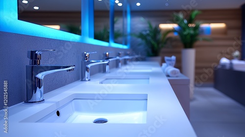 Modern Restroom With Multiple Sinks Illuminated by Blue Lighting in a Stylish Interior