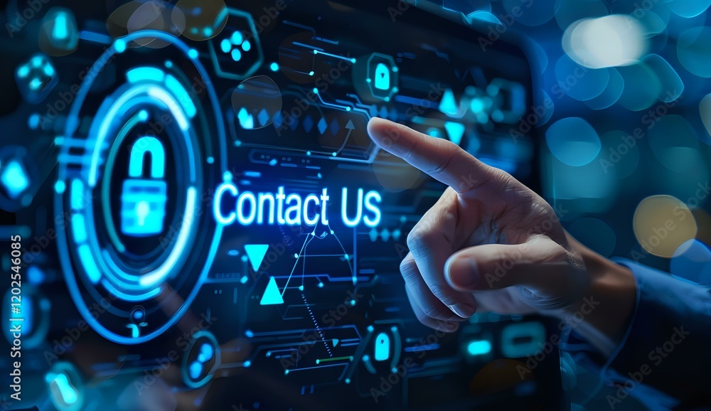 Digital contact interface with hand touching futuristic screen displaying contact us button and security icons, perfect for business communication and customer service concepts. Digital contact interface with hand touching futuristic screen displaying contact us button and security icons, perfect for business communication and customer service concepts.