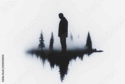 Silhouette of a man in a misty forest with a mirrored reflection