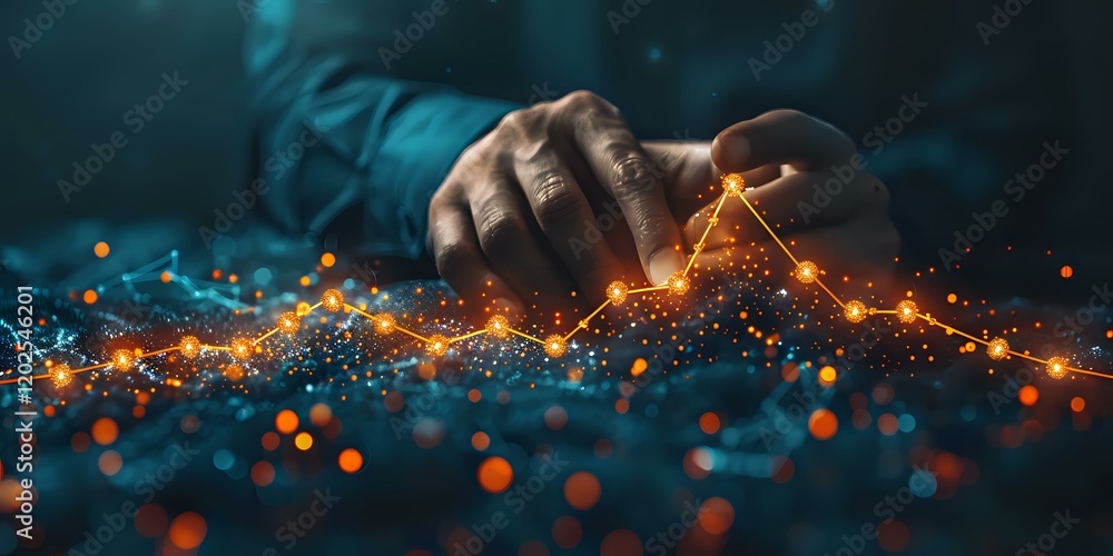 African American businessman touching glowing financial chart, digital transformation concept with orange light effect, perfect for business analytics. African American businessman touching glowing financial chart, digital transformation concept with orange light effect, perfect for business analytics.