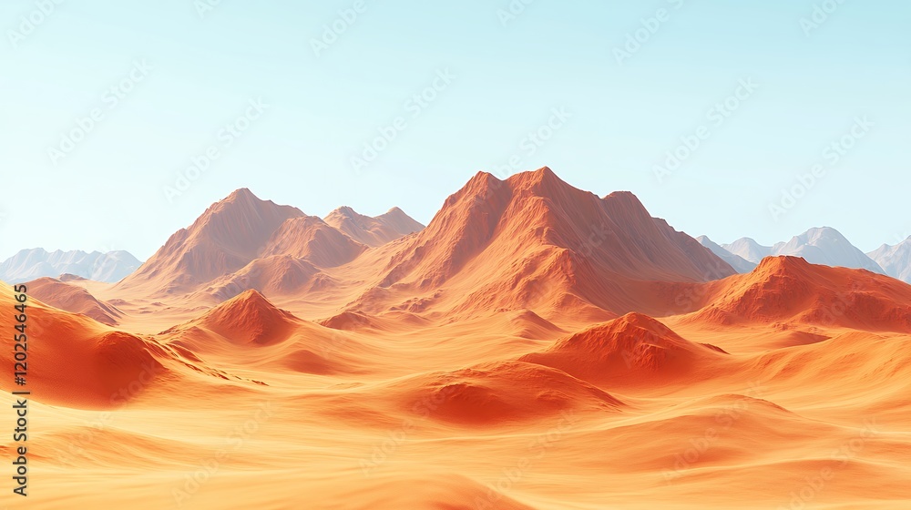Naklejka premium Breathtaking Desert Landscape Featuring Orange Sand Dunes and Rugged Mountains Under a Clear Blue Sky