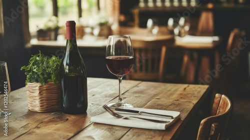 Red wine bottle and glass on rustic wooden table in restaurant. photo