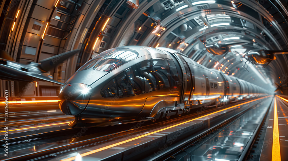 Fototapeta premium Futuristic High-Speed Transportation Hub with Hyperloop Trains and Flying Cars